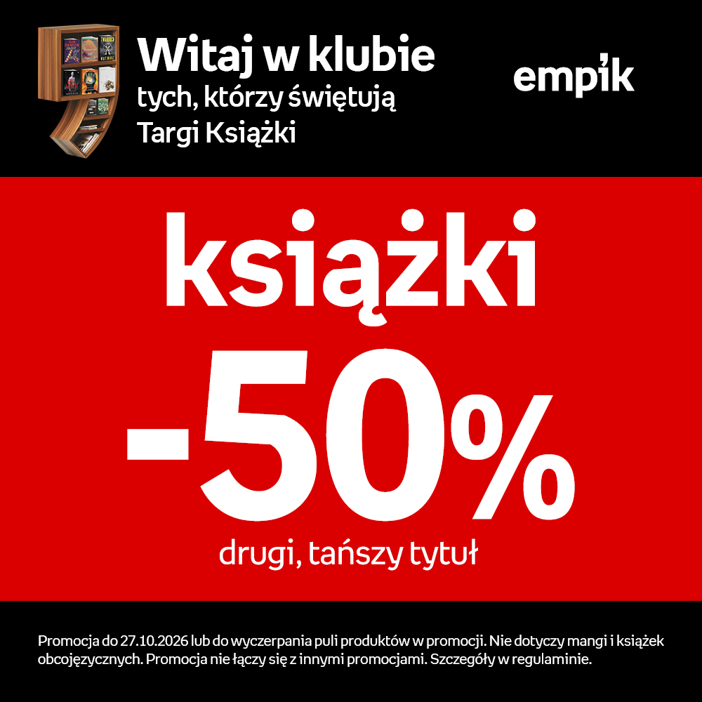Czerwona grafika promocyjna Empiku z hasłem Witaj w klubie tych, którzy świętują Targi Książki oraz informacją o rabacie -50% na drugi tańszy tytuł w Pasażu Grunwaldzkim we Wrocławiu