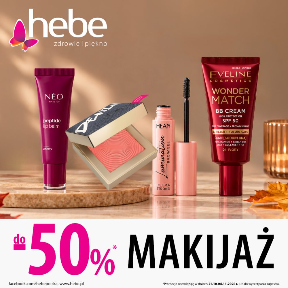 Kosmetyki do makijażu marek takich jak Eveline, Hean i NEO na tle lustrzanego blatu z logo Hebe i informacją o rabatach do -50% w Pasażu Grunwaldzkim we Wrocławiu