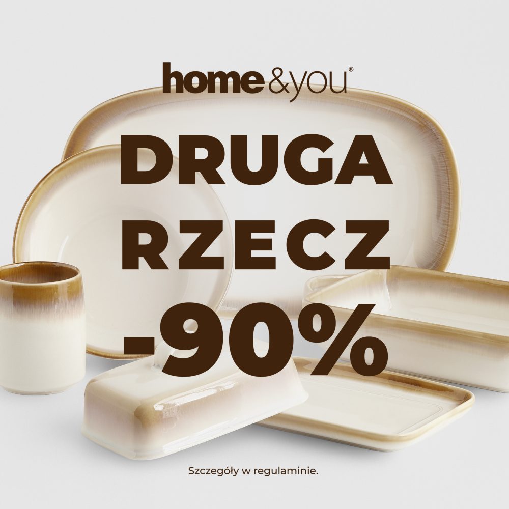Elegancka kremowo-brązowa ceramika kuchenna w tym miski i naczynia do zapiekania z dużym brązowym napisem Druga Rzecz -90% w grafice home and you dla Pasażu Grunwaldzkiego we Wrocławiu
