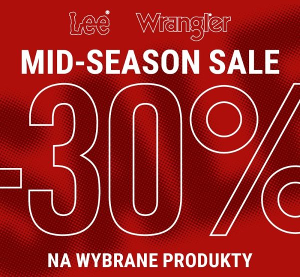 Czerwona grafika promocyjna marek Lee oraz Wrangler informująca o akcji Mid-Season Sale i rabacie -30% na wybrane produkty w Pasażu Grunwaldzkim we Wrocławiu