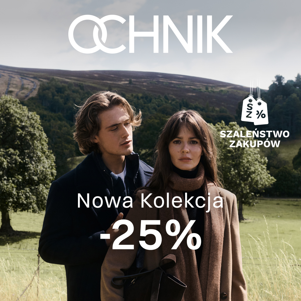 Elegancka para na tle jesiennego wiejskiego krajobrazu w brązowym płaszczu i ciemnej kurtce z napisem Nowa Kolekcja -25% w grafice OCHNIK dla Pasażu Grunwaldzkiego we Wrocławiu