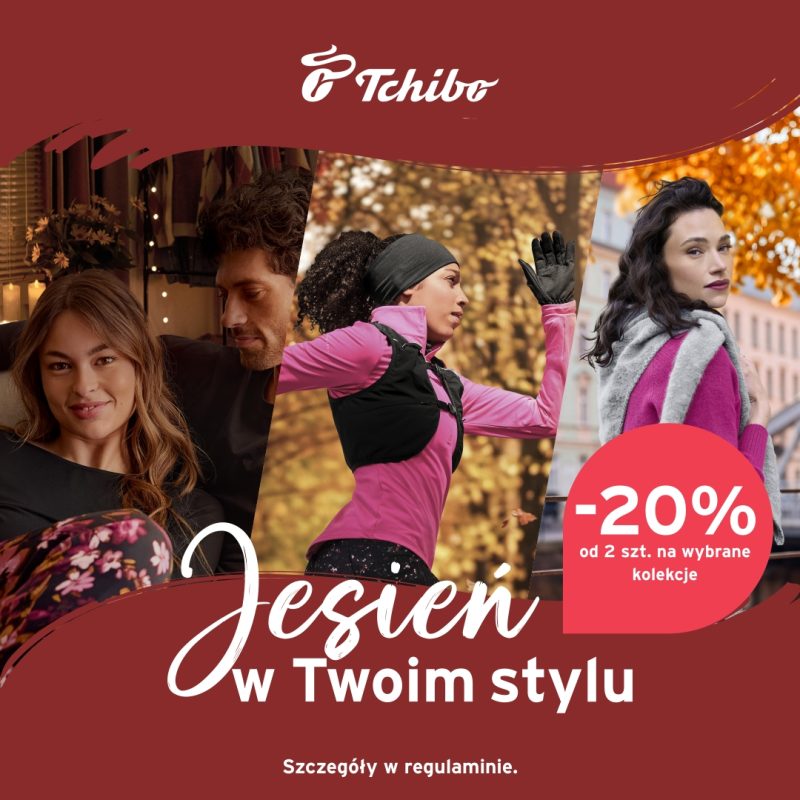 Kolaż zdjęć przedstawiający ciepłe jesienne stylizacje i odzież sportową w bordowej oprawie graficznej Tchibo z hasłem Jesień w Twoim stylu w Pasażu Grunwaldzkim