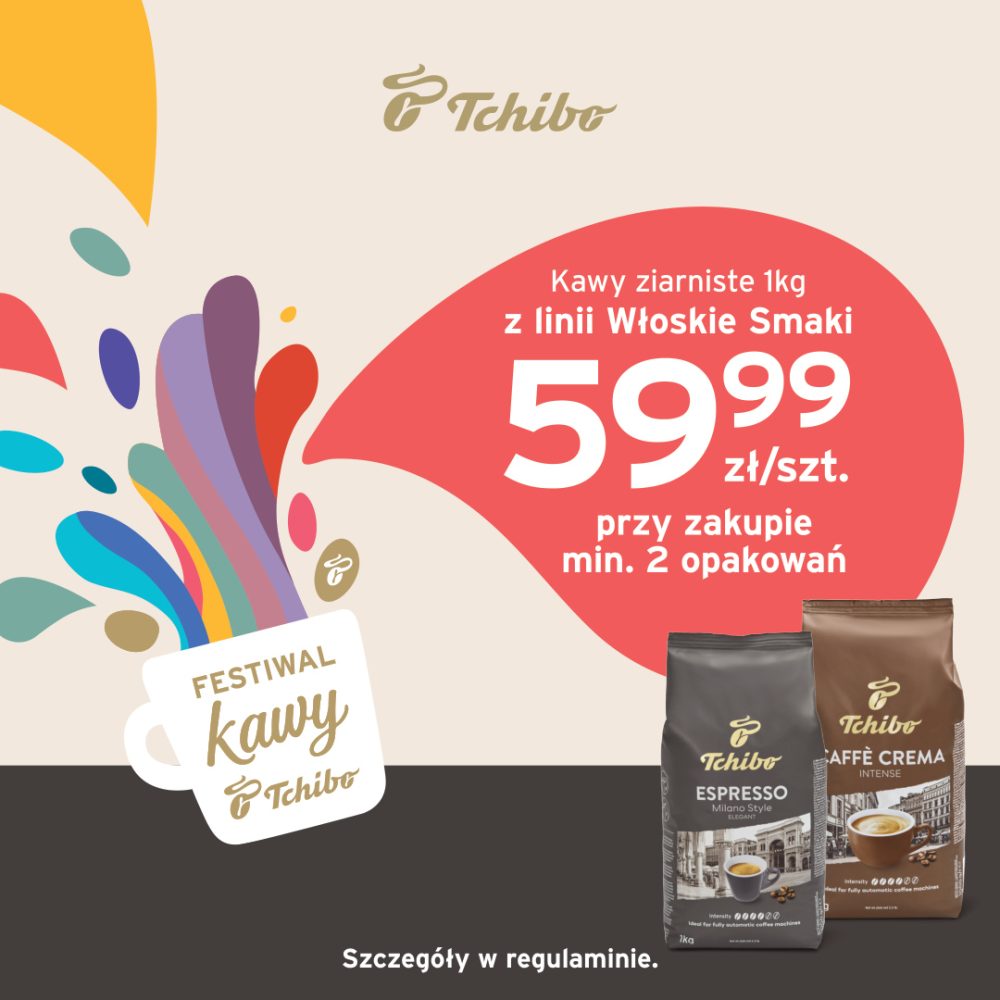 Opakowania kaw ziarnistych Espresso Milano i Caffè Crema marki Tchibo na tle grafiki festiwalu kawy z informacją o cenie 59,99 zł/szt. przy zakupie min. 2 opakowań w Pasażu Grunwaldzkim we Wrocławiu