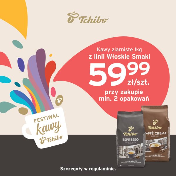 Opakowania kaw ziarnistych Espresso Milano i Caffè Crema marki Tchibo na tle grafiki festiwalu kawy z informacją o cenie 59,99 zł/szt. przy zakupie min. 2 opakowań w Pasażu Grunwaldzkim we Wrocławiu