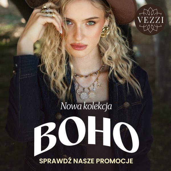 Złote naszyjniki, pierścionki i bransoletki z ciemnymi kamieniami naturalnymi zaprezentowane na dłoni modelki na tle jesiennych traw w grafice VEZZI dla Pasażu Grunwaldzkiego we Wrocławiu