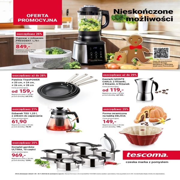 Kwadratowa grafika promocyjna marki TESCOMA z czerwonym nagłówkiem OFERTA PROMOCYJNA oraz hasłem Nieskończone możliwości. Na białym tle zaprezentowano produkty kuchenne z cenami i rabatami, m.in. zupowar PRESIDENT, patelnie TitanPOWER, kawiarki MONTE CARLO, dzbanek TEO, formę do babki DELÍCIA oraz komplet garnków ULTIMA. W prawym dolnym rogu widnieje czerwone logo tescoma.