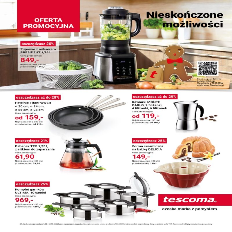 Kwadratowa grafika promocyjna marki TESCOMA z czerwonym nagłówkiem OFERTA PROMOCYJNA oraz hasłem Nieskończone możliwości. Na białym tle zaprezentowano produkty kuchenne z cenami i rabatami, m.in. zupowar PRESIDENT, patelnie TitanPOWER, kawiarki MONTE CARLO, dzbanek TEO, formę do babki DELÍCIA oraz komplet garnków ULTIMA. W prawym dolnym rogu widnieje czerwone logo tescoma.