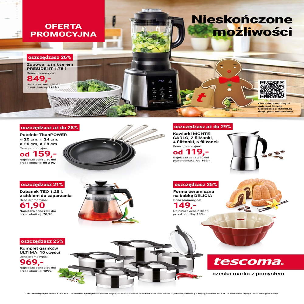 Kwadratowa grafika promocyjna marki TESCOMA z czerwonym nagłówkiem OFERTA PROMOCYJNA oraz hasłem Nieskończone możliwości. Na białym tle zaprezentowano produkty kuchenne z cenami i rabatami, m.in. zupowar PRESIDENT, patelnie TitanPOWER, kawiarki MONTE CARLO, dzbanek TEO, formę do babki DELÍCIA oraz komplet garnków ULTIMA. W prawym dolnym rogu widnieje czerwone logo tescoma.