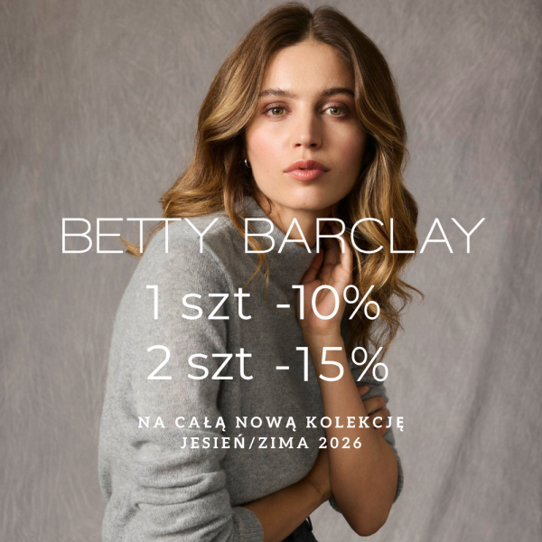 Kobieta z falowanymi włosami w szarym kaszmirowym golfie na tle szarej tkaniny, z napisem „Betty Barclay 1 szt. -10%, 2 szt. -15% na całą nową kolekcję jesień/zima 2026”