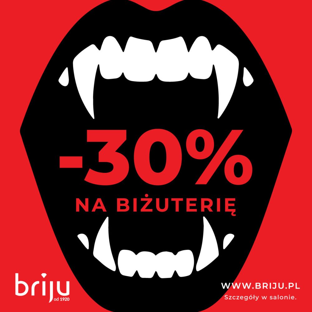 Grafika z czarnymi ustami z białymi wampirzymi kłami na czerwonym tle, w środku napis „-30% na biżuterię” i logo Briju