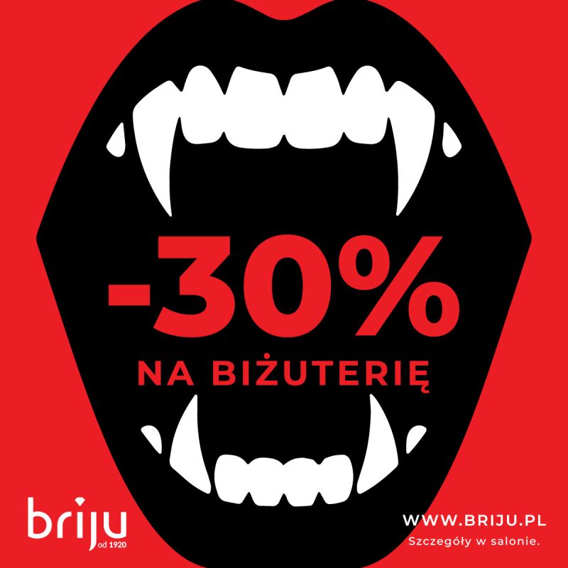 Grafika z czarnymi ustami z białymi wampirzymi kłami na czerwonym tle, w środku napis „-30% na biżuterię” i logo Briju