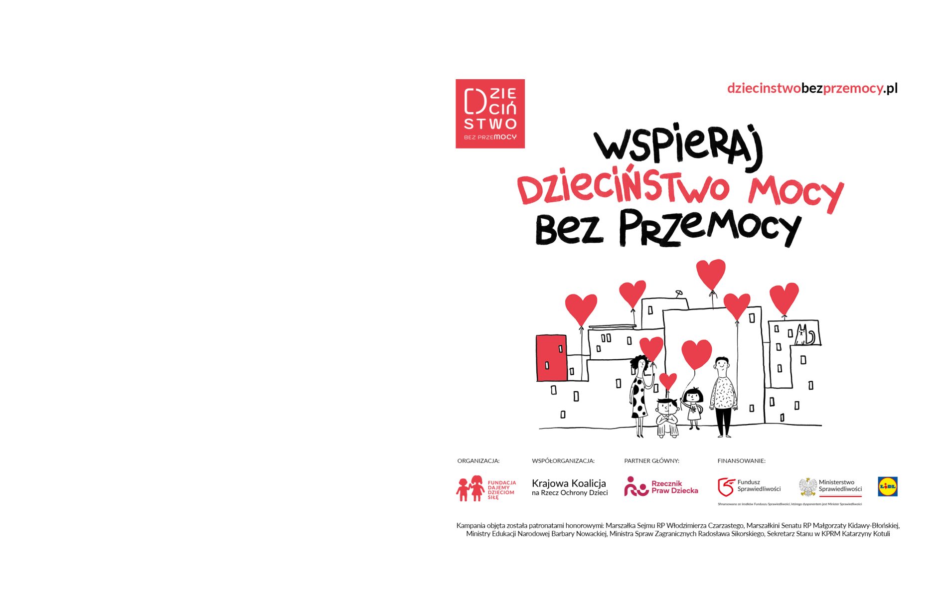 Czarno-biały rysunek osiedla, nad którym unoszą się czerwone serca-balony, a pod nimi stoją rodzice z dziećmi, obok logo kampanii i partnerów
