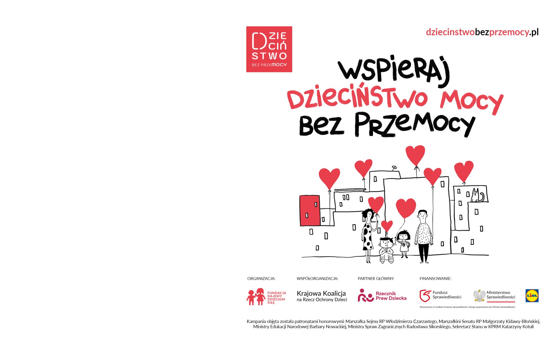 Czarno-biały rysunek osiedla, nad którym unoszą się czerwone serca-balony, a pod nimi stoją rodzice z dziećmi, obok logo kampanii i partnerów