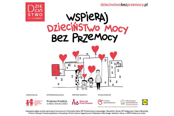 Rysunkowa ilustracja rodziny z dwójką dzieci trzymających czerwone balony w kształcie serc na tle bloków, z hasłem „Wspieraj dzieciństwo mocy bez przemocy”