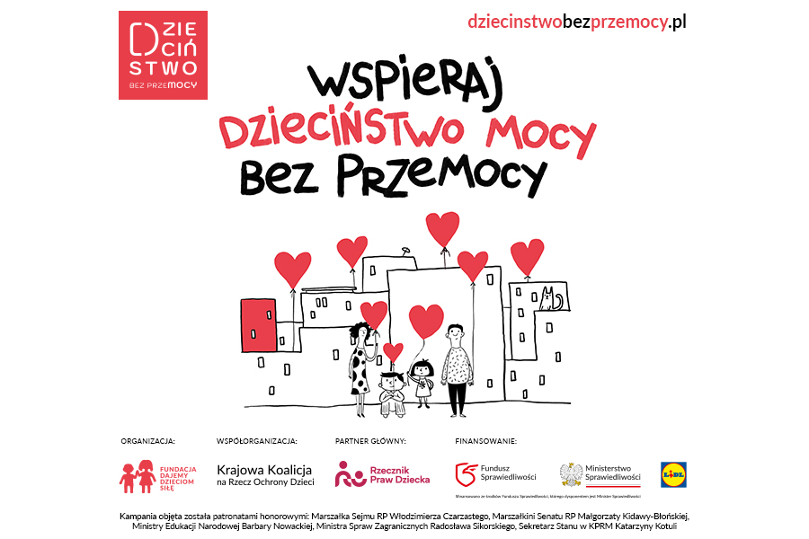Rysunkowa ilustracja rodziny z dwójką dzieci trzymających czerwone balony w kształcie serc na tle bloków, z hasłem „Wspieraj dzieciństwo mocy bez przemocy”
