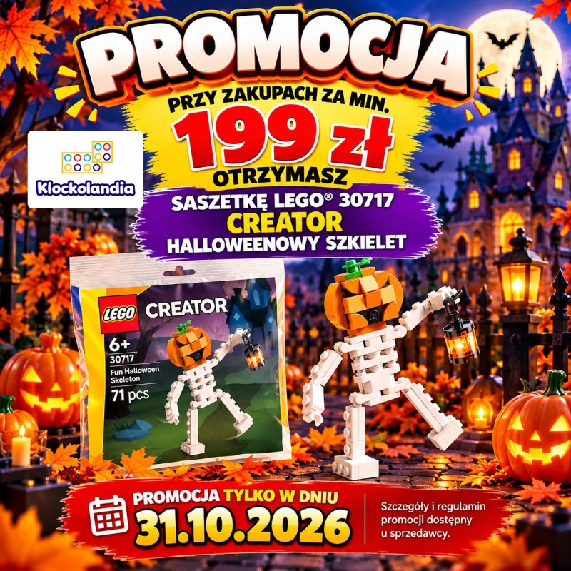Zbudowany z klocków LEGO szkielet z dyniową głową i latarenką obok saszetki LEGO Creator 30717, na tle halloweenowego krajobrazu z zamkiem, dyniami i jesiennymi liśćmi