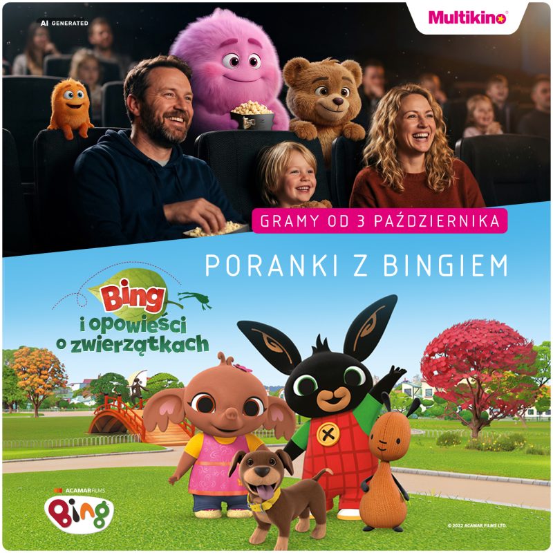 Grafika promocyjna cyklu „Poranki z Bingiem” w Multikinie w Pasażu Grunwaldzkim. Na górze widoczna jest uśmiechnięta rodzina z dzieckiem siedząca w kinowej sali, w otoczeniu pluszowych postaci oraz logo Multikina. Poniżej znajduje się różowy banner z informacją „Gramy od 3 października” oraz tytuł wydarzenia „Poranki z Bingiem – Bing i opowieści o zwierzątkach”. W dolnej części na tle zielonego parkowego pejzażu zaprezentowano postacie z bajki: królika Binga, Sula, Hoppity’ego oraz pieska Coco.