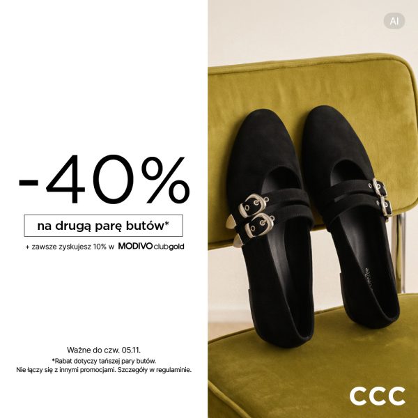 Grafika promocyjna marki CCC informująca o rabacie „-40% na drugą parę butów” oraz dodatkowym zysku 10% w programie MODIVO club gold. Po prawej stronie na zielonym krześle umieszczono parę eleganckich, czarnych półbutów z ozdobnymi klamerkami. W dolnej części znajdują się warunki promocji: „Ważne do czw. 05.11. *Rabat dotyczy tańszej pary butów. Nie łączy się z innymi promocjami. Szczegóły w regulaminie” oraz logotyp CCC