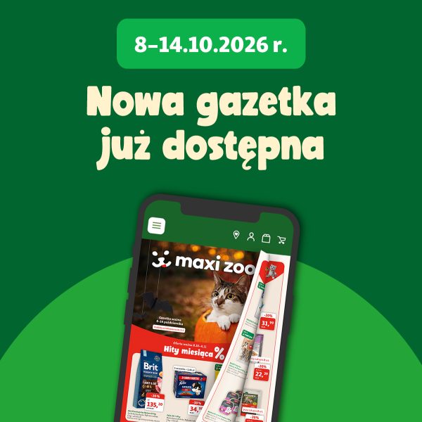 Grafika promocyjna sieci Maxi Zoo informująca o nowej gazetce. Na zielonym tle umieszczono biały napis „Nowa gazetka już dostępna” oraz zieloną etykietę z terminem obowiązywania „8–14.10.2026 r.”. W centralnej części widoczny jest smartfon prezentujący cyfrową gazetkę internetową ze zdjęciami produktów dla zwierząt, takich jak karmy marek Brit i Felix oraz widocznym logo „maxi zoo”.