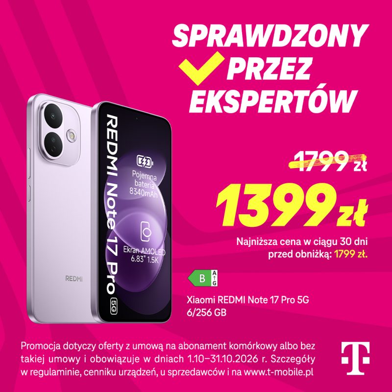 Grafika promocyjna sieci T-Mobile z ofertą na smartfon Xiaomi Redmi Note 17 Pro 5G (6/256 GB) w obniżonej cenie 1399 zł. Na fuksjowym tle zaprezentowano telefon w kolorze jasnofioletowym oraz widoczne na ekranie główne parametry: pojemną baterię 8340 mAh i ekran AMOLED 6.83" 1.5K. W górnej części widnieje hasło „Sprawdzony przez ekspertów”, a na dole informacje prawne: „Promocja dotyczy oferty z umową na abonament komórkowy albo bez takiej umowy i obowiązuje w dniach 1.10–31.10.2026 r. Szczegóły w regulaminie, cenniku urządzeń, u sprzedawców i na www.t-mobile.pl” oraz logotyp T-Mobile.