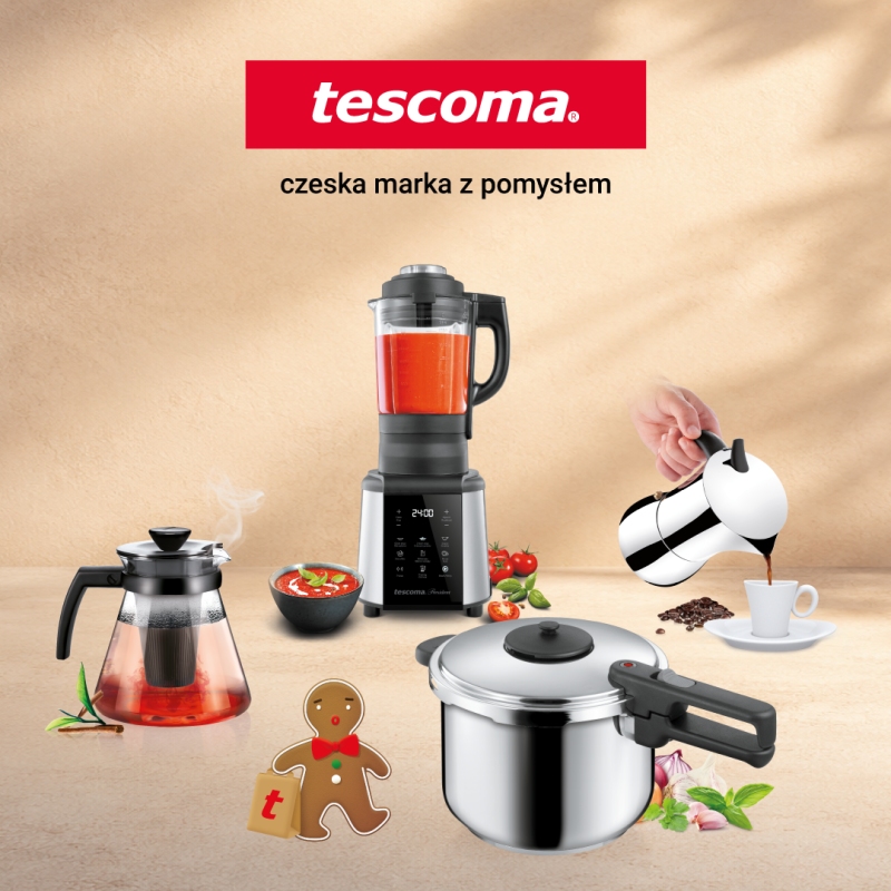 Grafika promocyjna marki Tescoma z logo w czerwonym prostokącie oraz hasłem „czeska marka z pomysłem”. Na beżowym tle zaprezentowano różnorodne akcesoria kuchenne: dzbanek z zaparzaczem, nowoczesny blender stojący z czerwonym płynem, kawiarkę przelewającą kawę do filiżanki, szybkowar ze stali nierdzewnej oraz ozdobny motyw ludzika z piernika.